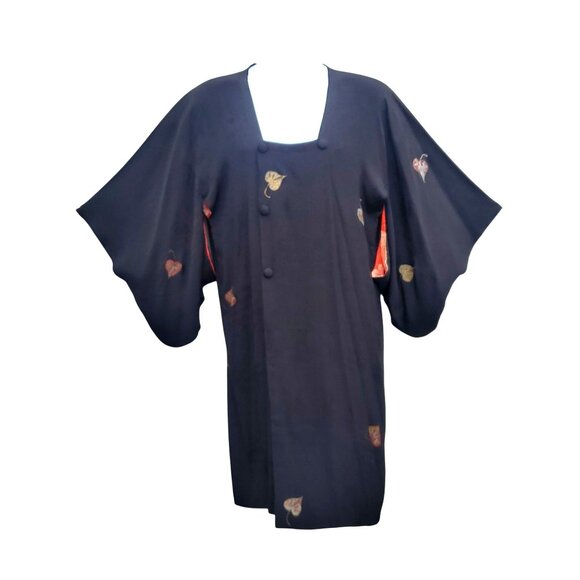 Vintage Japanese Black Silk Kimono Haori Hand Painted Metallic Leaves Red Lining - Picture 8 of 13